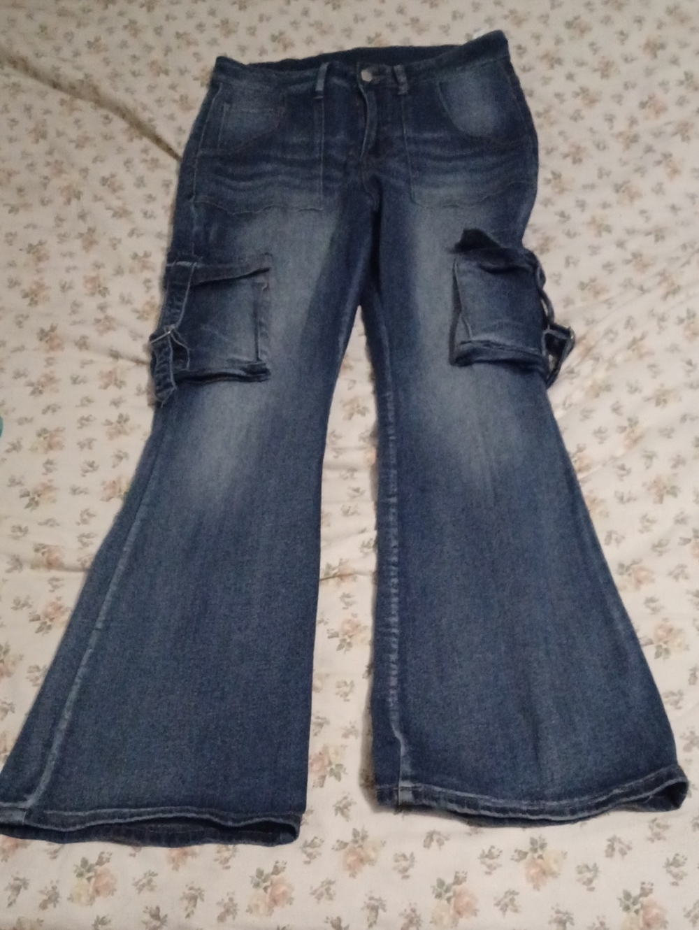 SHEIN Curve Women's Dark Blue Plus Size Cargo Flare Jeans Pants Size 0XL